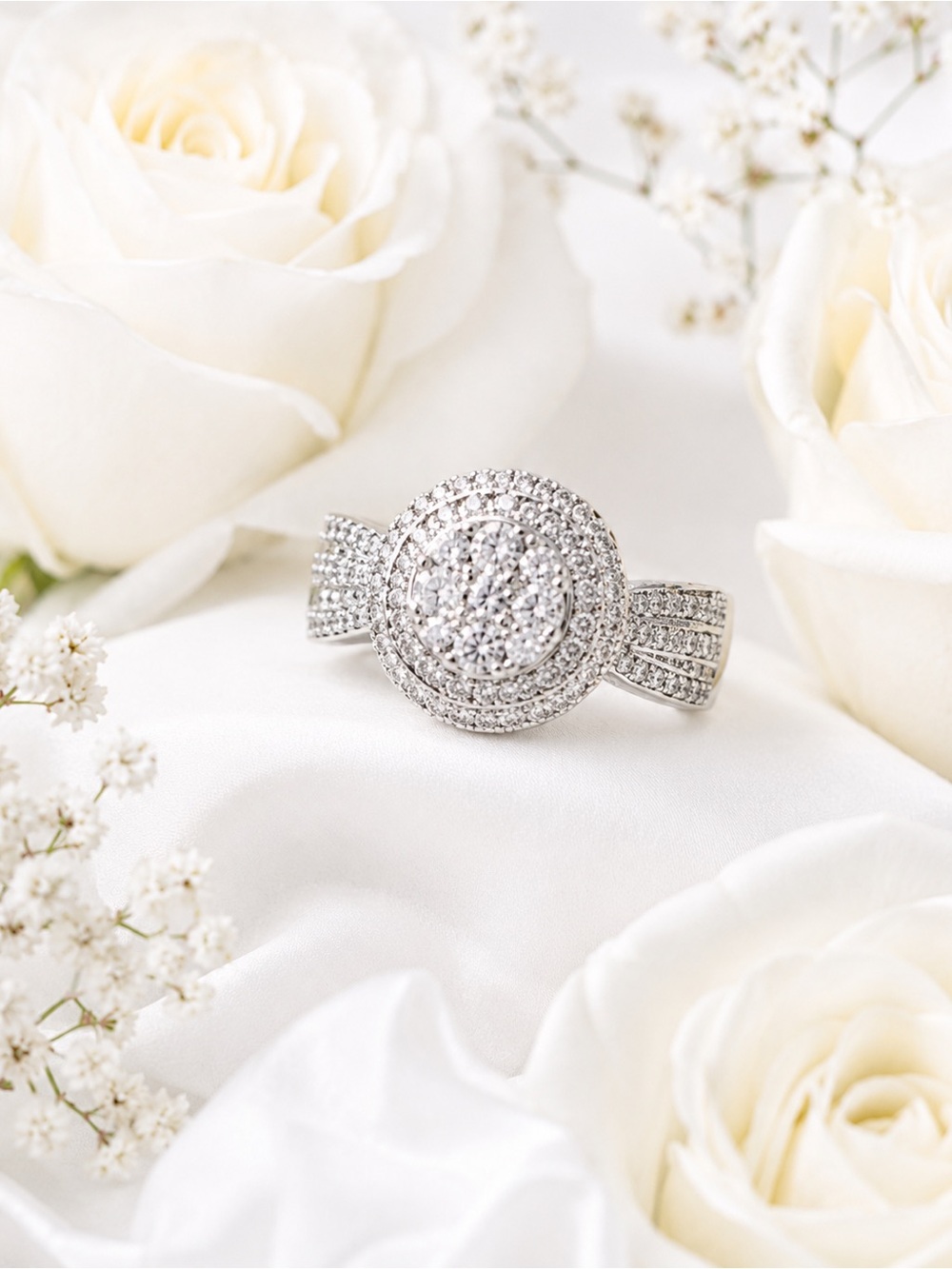Silver Round Halo Pavé Bridal Ring - White size 6